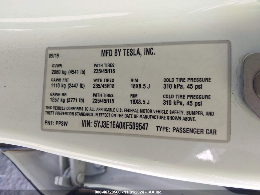 2019 Tesla Model 3 Long Range/Mid Range/Standard Range/Standard Range Plus VIN: 5YJ3E1EA0KF509547 Lot: 40720566