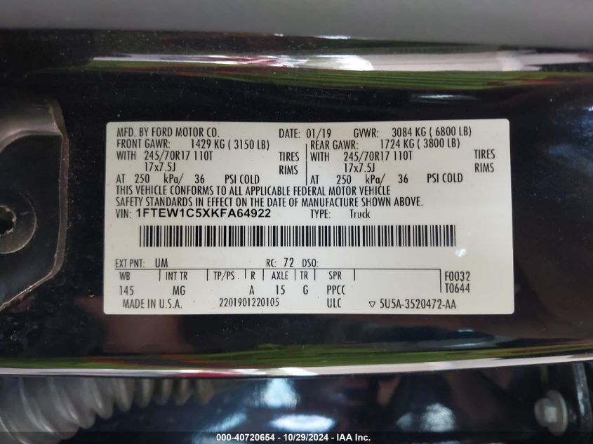 2019 FORD F150 VIN: 1FTEW1C5XKFA64922