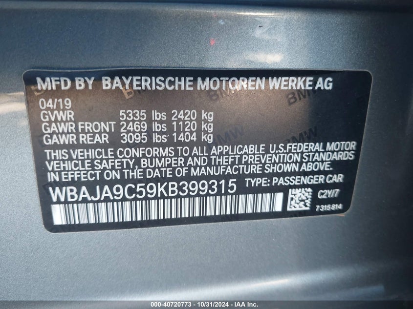 2019 BMW 530E IPERFORMANCE - WBAJA9C59KB399315