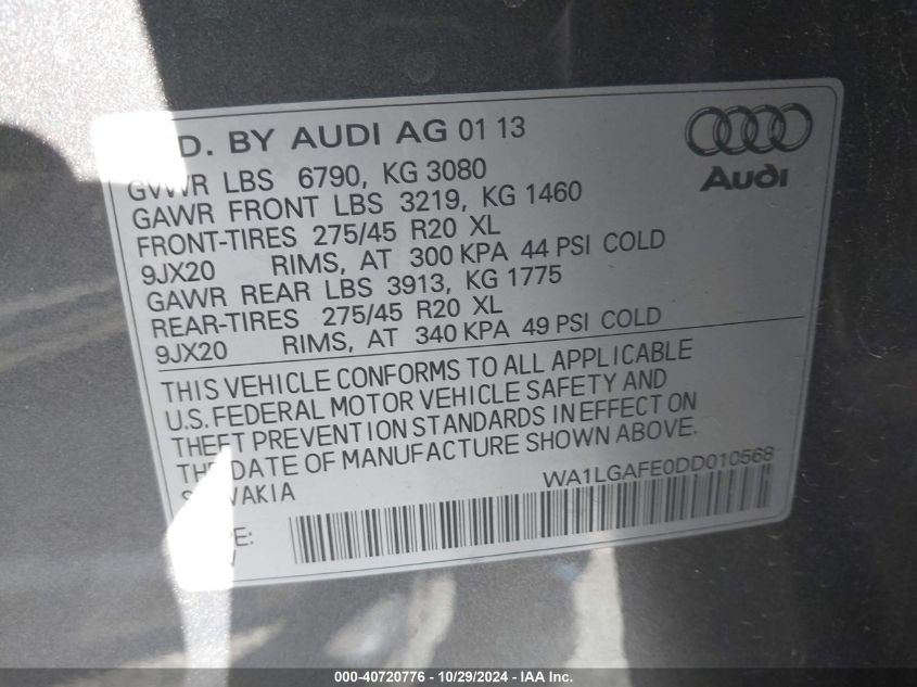 2013 Audi Q7 3.0T Premium VIN: WA1LGAFE0DD010568 Lot: 40720776