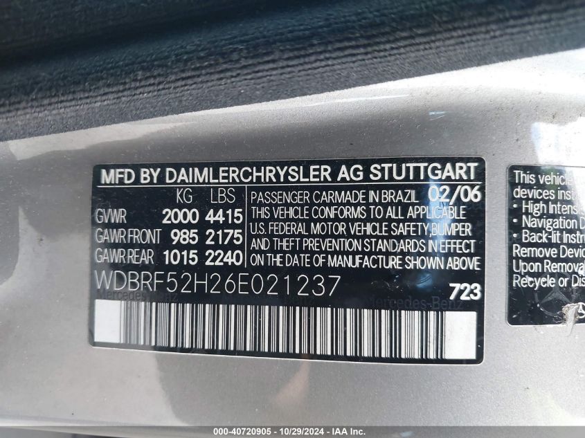 2006 Mercedes-Benz C 230 Sport VIN: WDBRF52H26E021237 Lot: 40720905