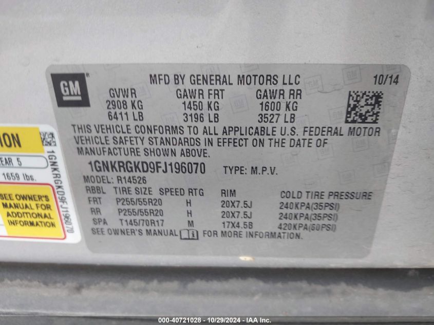 2015 Chevrolet Traverse 1Lt VIN: 1GNKRGKD9FJ196070 Lot: 40721028