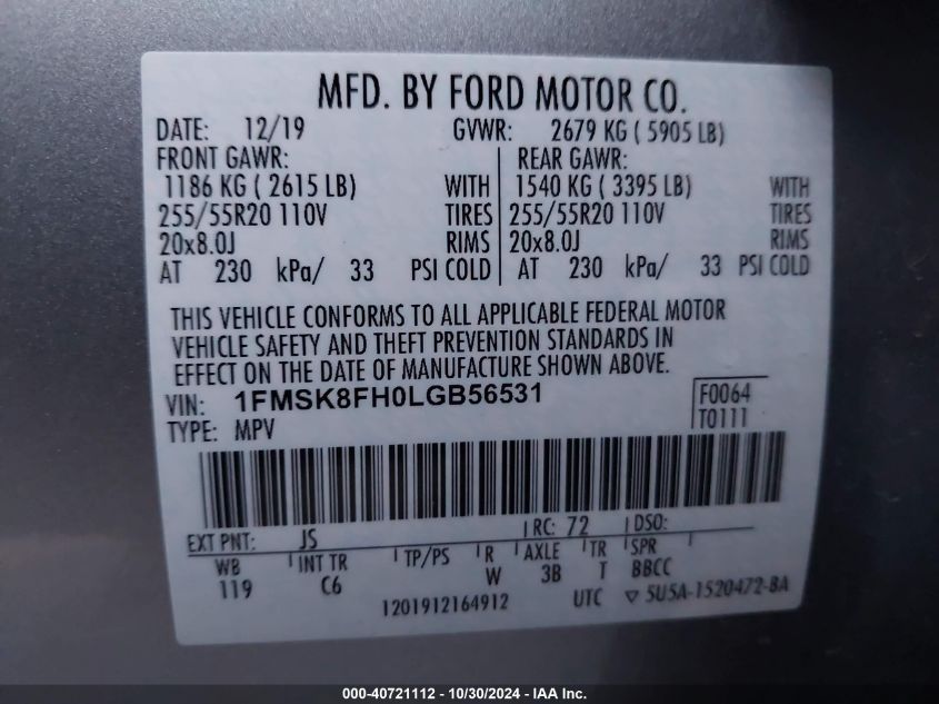 2020 Ford Explorer Limited VIN: 1FMSK8FH0LGB56531 Lot: 40721112