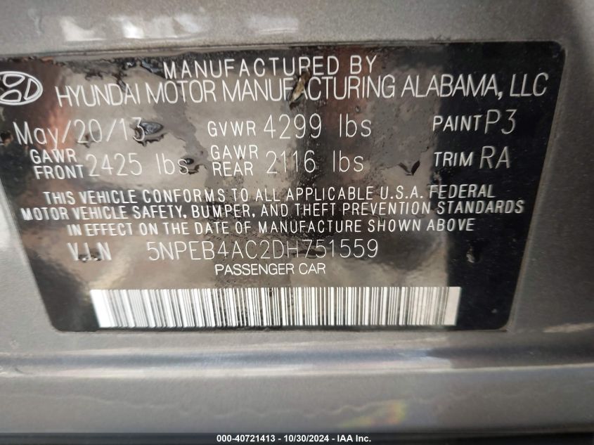 2013 HYUNDAI SONATA GLS - 5NPEB4AC2DH751559