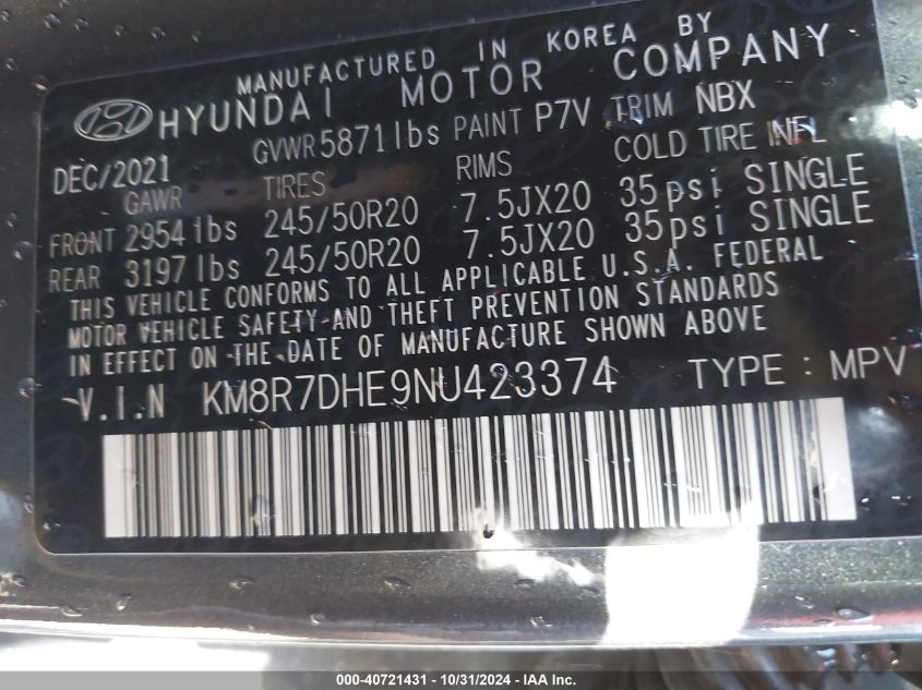 2022 Hyundai Palisade Calligraphy VIN: KM8R7DHE9NU423374 Lot: 40721431