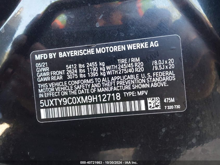 VIN 5UXTY9C0XM9H12718 2021 BMW X3, M40I no.9