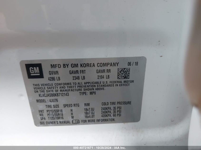 2019 Buick Encore Fwd Preferred VIN: KL4CJASB8KB712143 Lot: 40721671