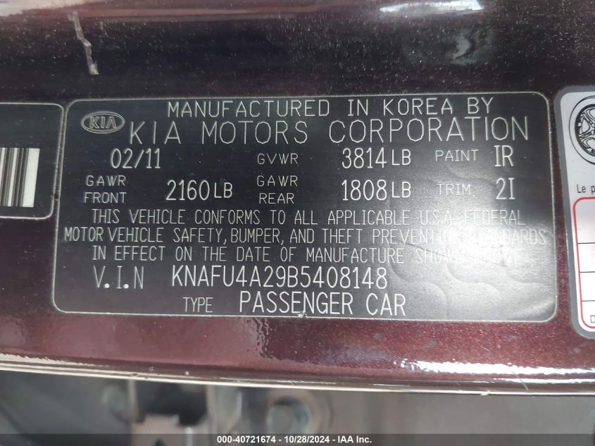 2011 Kia Forte Ex VIN: KNAFU4A29B5408148 Lot: 40721674