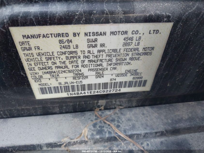 2004 Nissan Maxima 3.5 Se VIN: 1N4BA41E24C922724 Lot: 40721798