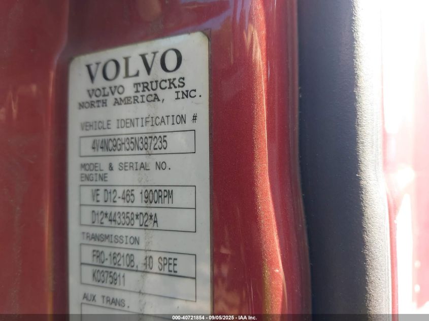 2005 Volvo Vn Vnl VIN: 4V4NC9GH35N387235 Lot: 40721854
