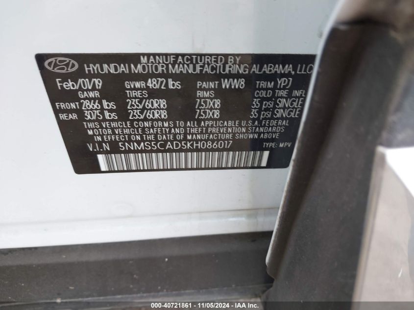 2019 Hyundai Santa Fe Limited VIN: 5NMS5CAD5KH086017 Lot: 40721861