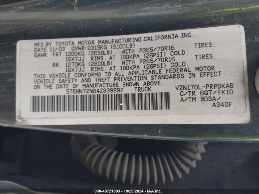 2004 Toyota Tacoma Base V6 VIN: 5TEHN72N84Z339892 Lot: 40721903
