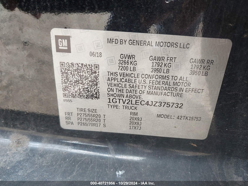 2018 GMC SIERRA 1500 VIN: 1GTV2LEC4JZ375732