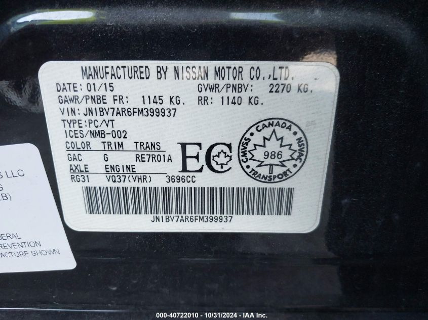 2015 INFINITI Q50 PREMIUM/SPORT - JN1BV7AR6FM399937