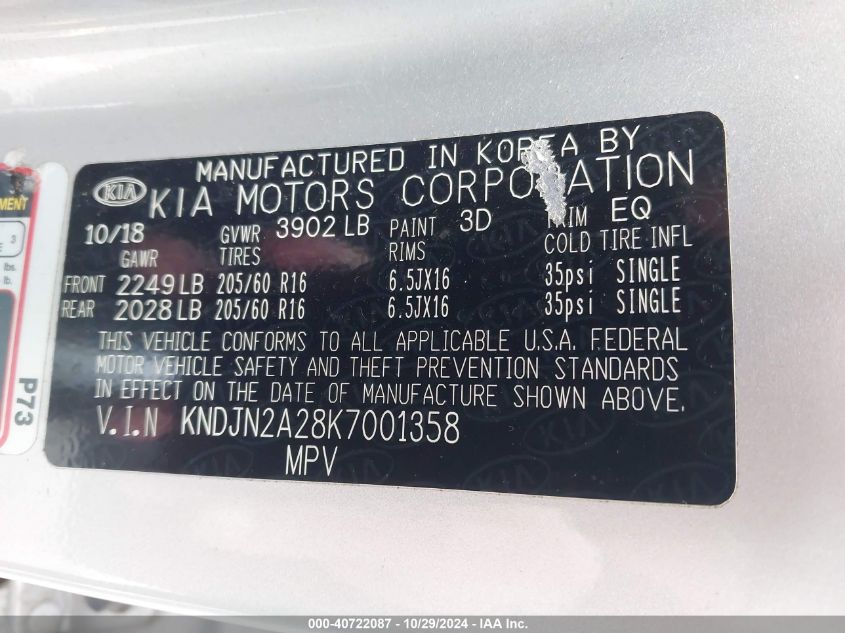 2019 Kia Soul VIN: KNDJN2A28K7001358 Lot: 40722087