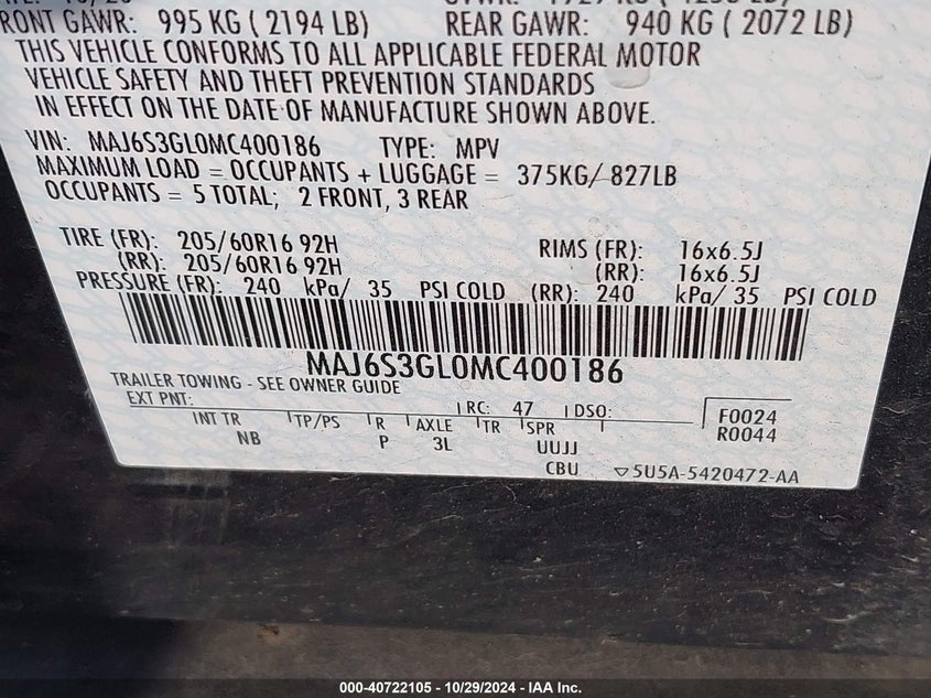 VIN MAJ6S3GL0MC400186 2021 FORD ECOSPORT SE