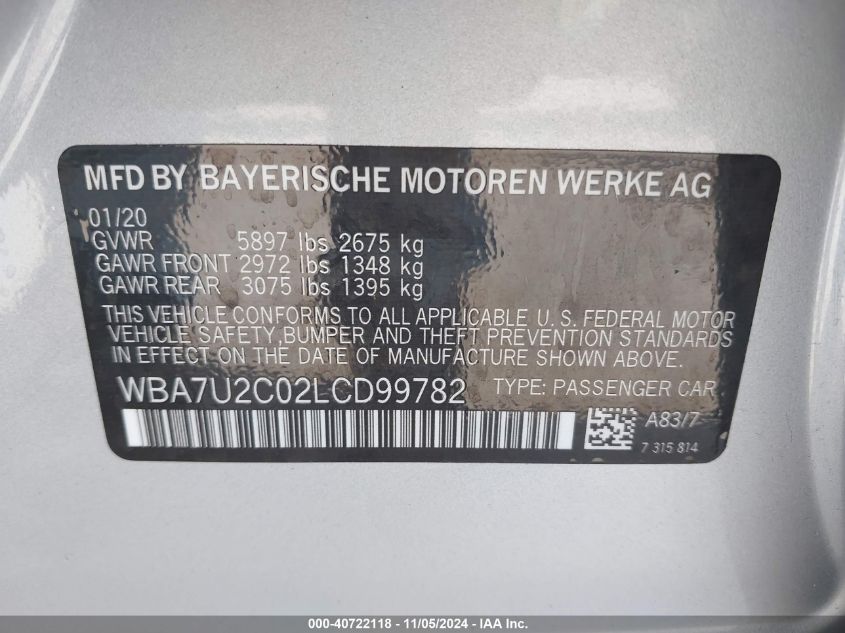 2020 BMW 750I xDrive VIN: WBA7U2C02LCD99782 Lot: 40722118