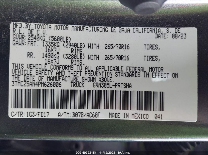 VIN 3TMCZ5AN4PM626006 2023 Toyota Tacoma, Trd Off Road no.9