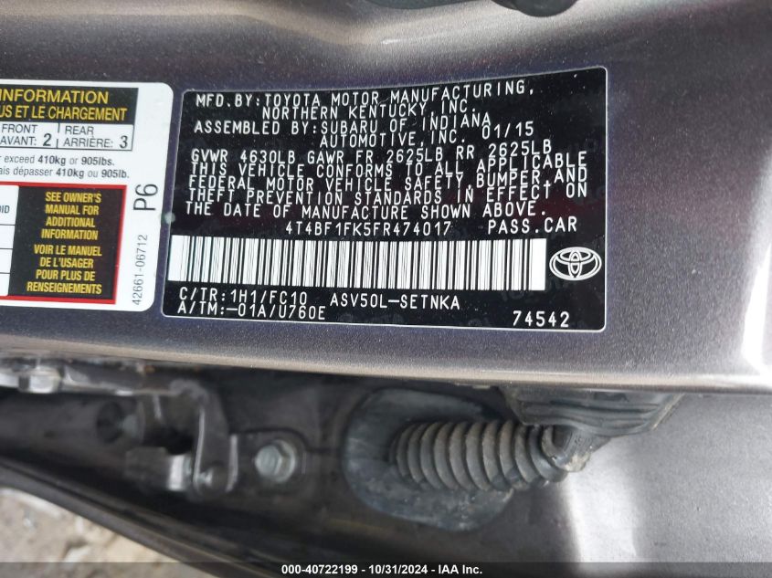 VIN 4T4BF1FK5FR474017 2015 TOYOTA CAMRY no.9