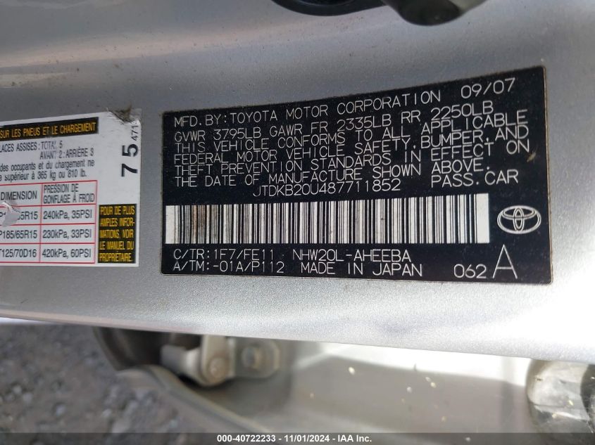 2008 Toyota Prius VIN: JTDKB20U487711852 Lot: 40722233