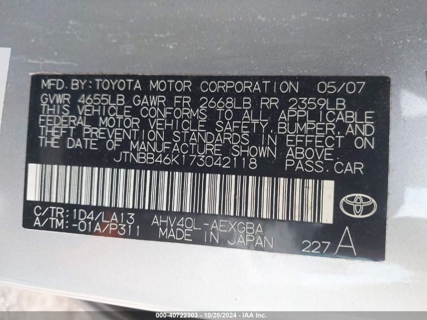 2007 Toyota Camry Hybrid VIN: JTNBB46K173042118 Lot: 40722303