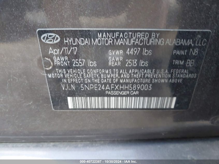 2017 HYUNDAI SONATA - 5NPE24AFXHH589003