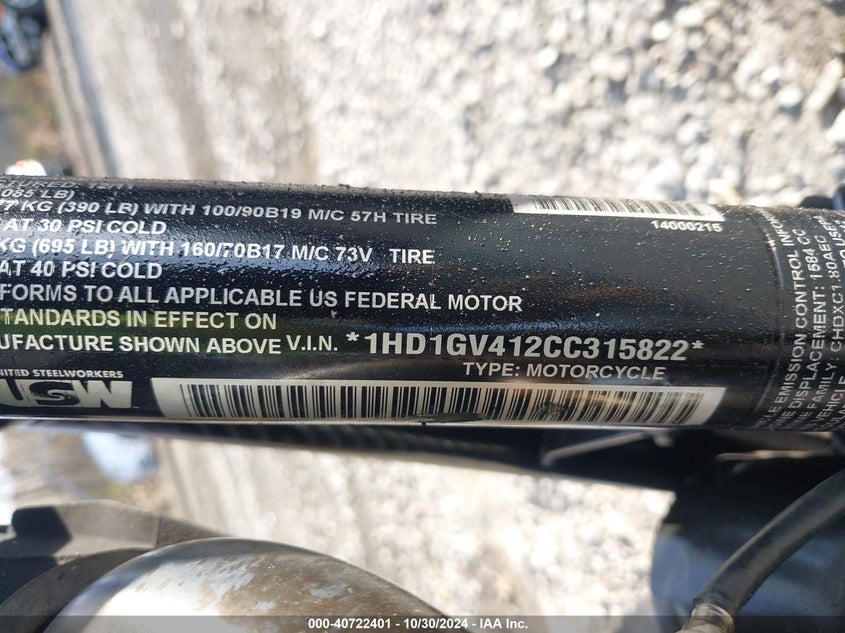 2012 Harley-Davidson Fxdc Dyna Super Glide VIN: 1HD1GV412CC315822 Lot: 40722401