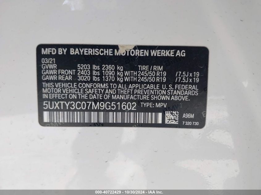 2021 BMW X3 Sdrive30I VIN: 5UXTY3C07M9G51602 Lot: 40722429