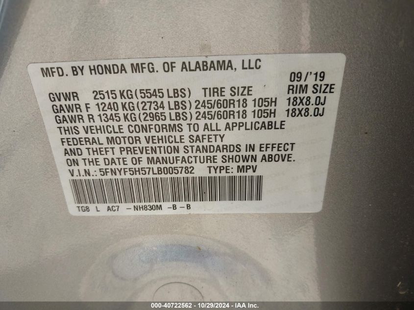 2020 Honda Pilot 2Wd Ex-L VIN: 5FNYF5H57LB005782 Lot: 40722562