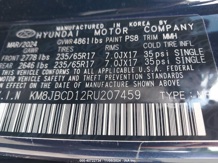 VIN KM8JBCD12RU207459 2024 Hyundai Tucson, Hybrid Blue no.9