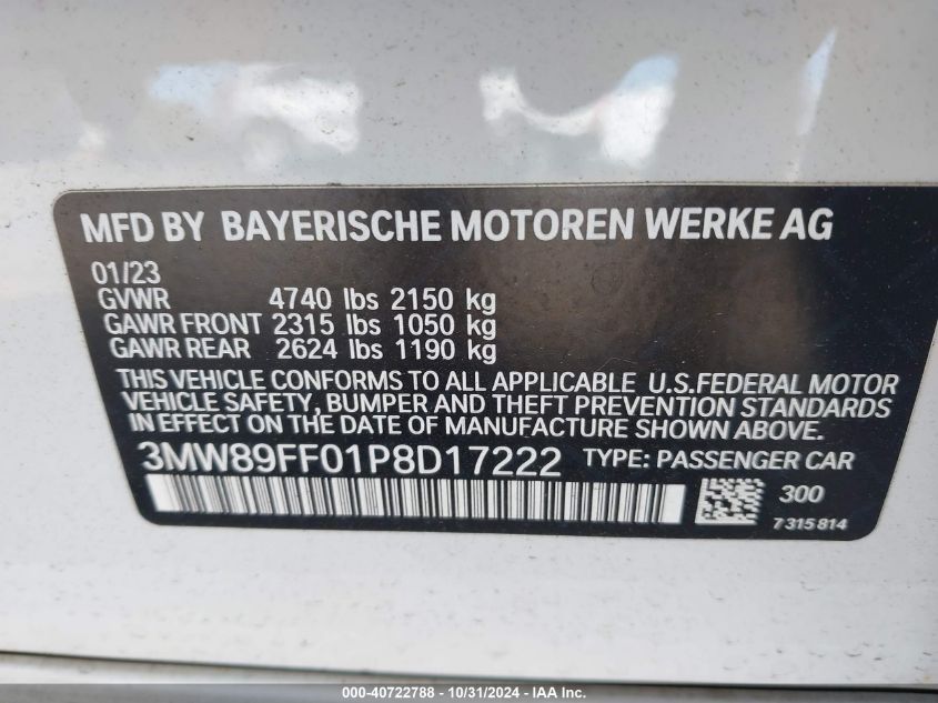 2023 BMW 330I xDrive VIN: 3MW89FF01P8D17222 Lot: 40722788