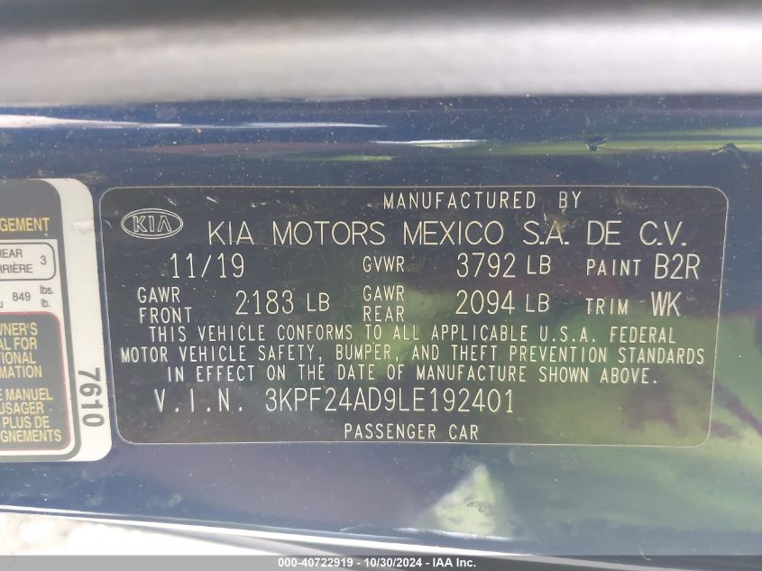 2020 Kia Forte Lxs VIN: 3KPF24AD9LE192401 Lot: 40722919