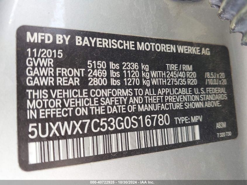 VIN 5UXWX7C53G0S16780 2016 BMW X3, Xdrive35I no.9