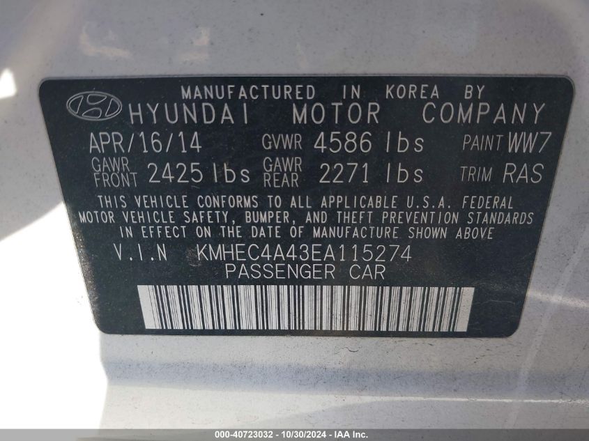 2014 Hyundai Sonata Hybrid VIN: KMHEC4A43EA115274 Lot: 40723032