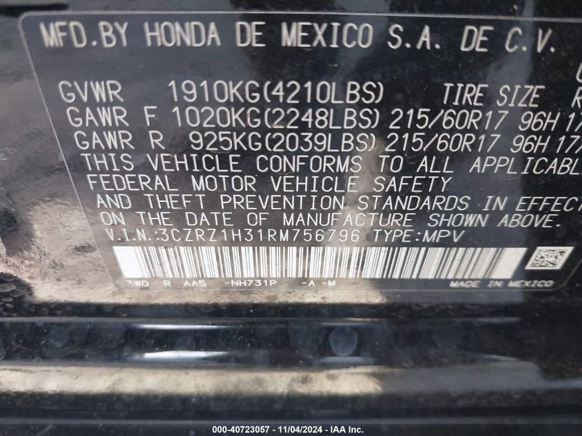 VIN 3CZRZ1H31RM756796 2024 Honda HR-V, LX no.9