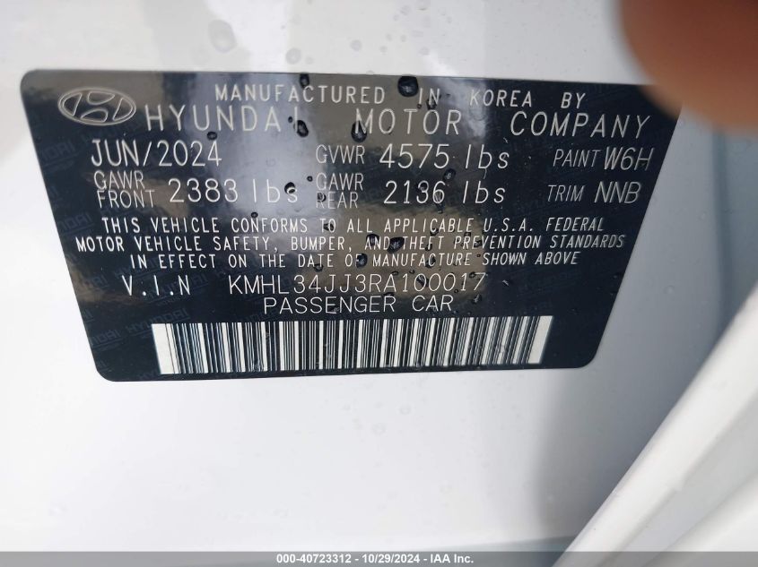 2024 Hyundai Sonata Hybrid Sel VIN: KMHL34JJ3RA100017 Lot: 40723312