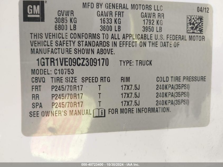 2012 GMC Sierra 1500 Sle VIN: 1GTR1VE09CZ309170 Lot: 40723400