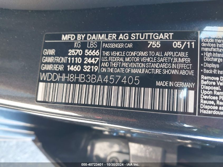 2011 Mercedes-Benz E 350 4Matic VIN: WDDHH8HB3BA457405 Lot: 40723401