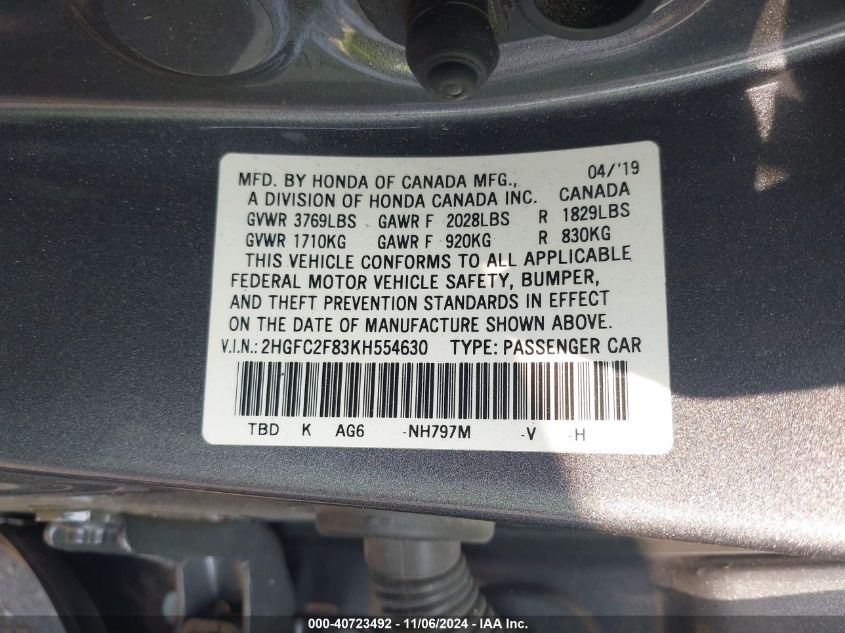 2019 Honda Civic Sport VIN: 2HGFC2F83KH554630 Lot: 40723492