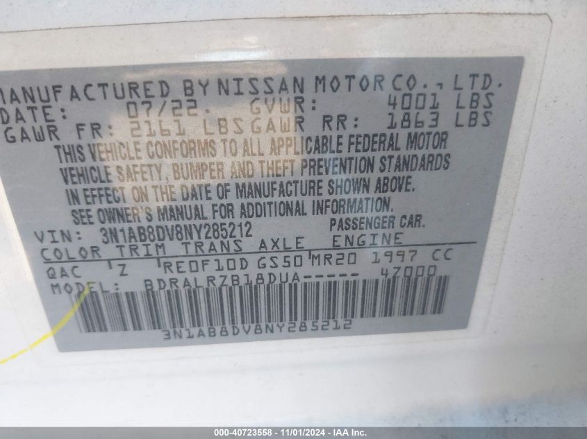 2022 Nissan Sentra Sr Xtronic Cvt VIN: 3N1AB8DV8NY285212 Lot: 40723558