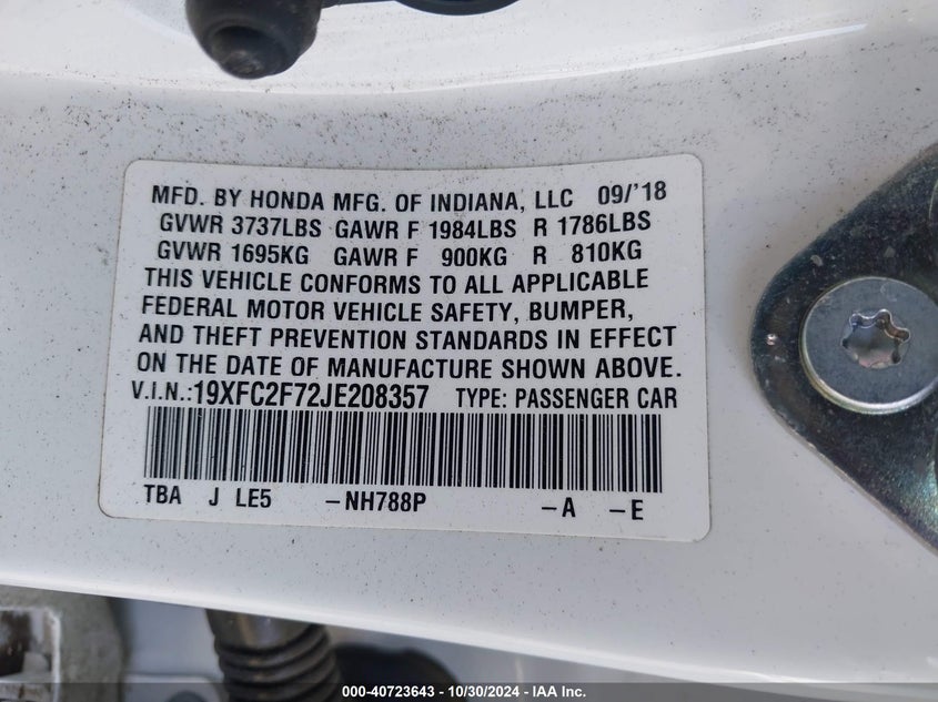 VIN 19XFC2F72JE208357 2018 HONDA CIVIC EX