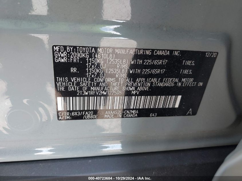 2021 Toyota Rav4 Xle VIN: 2T3W1RFV2MW122505 Lot: 40723684