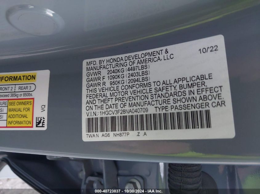 2022 Honda Accord Hybrid Sport VIN: 1HGCV3F28NA04070 Lot: 40723837