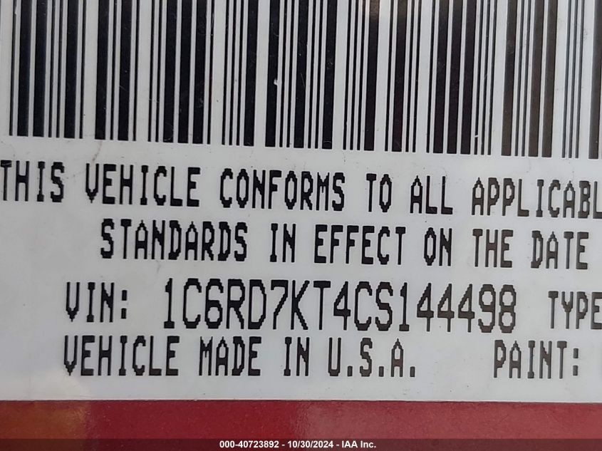 2012 Ram 1500 St VIN: 1C6RD7KT4CS144498 Lot: 40723892