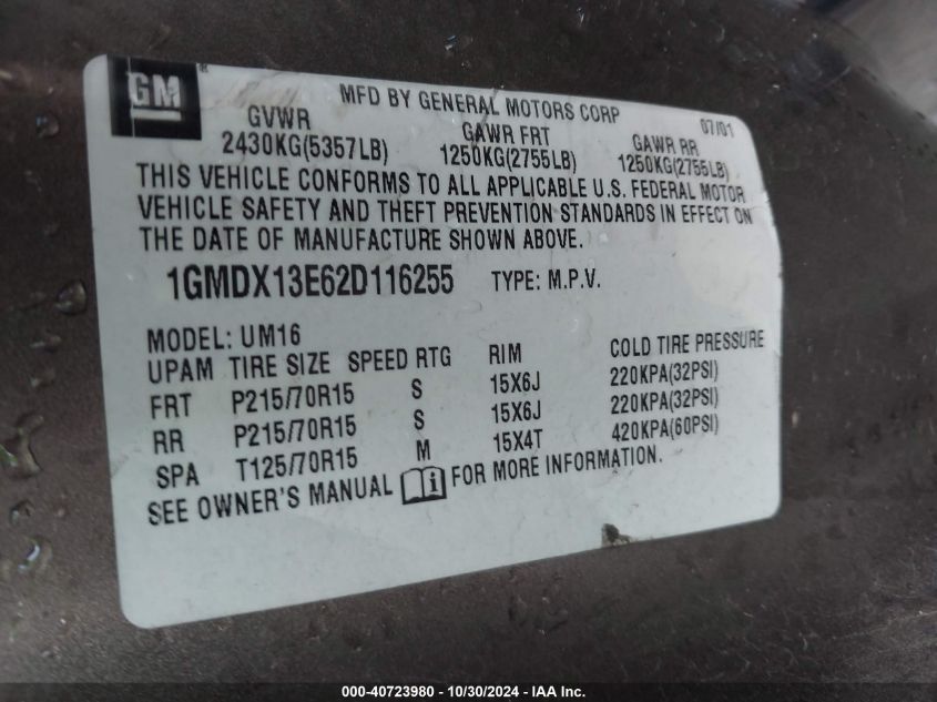 2002 Pontiac Montana M16 W/1Se Pkg. VIN: 1GMDX13E62D116255 Lot: 40723980