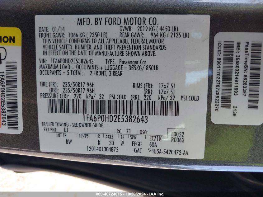 VIN 1FA6P0HD2E5382643 2014 Ford Fusion, SE no.9