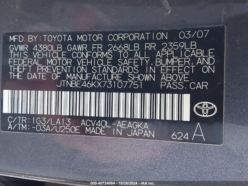 2007 Toyota Camry Xle VIN: JTNBE46KX73107751 Lot: 40724084