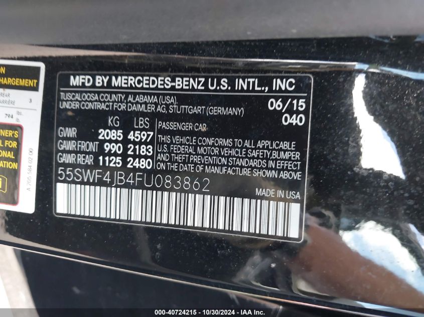 2015 Mercedes-Benz C 300 VIN: 55SWF4JB4FU083862 Lot: 40724215