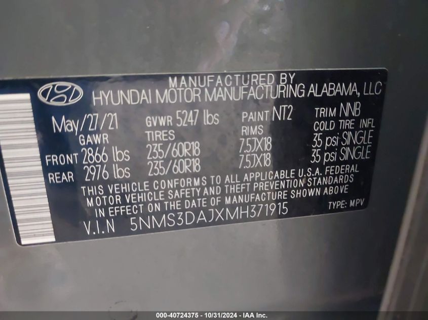 2021 Hyundai Santa Fe Sel VIN: 5NMS3DAJXMH371915 Lot: 40724375