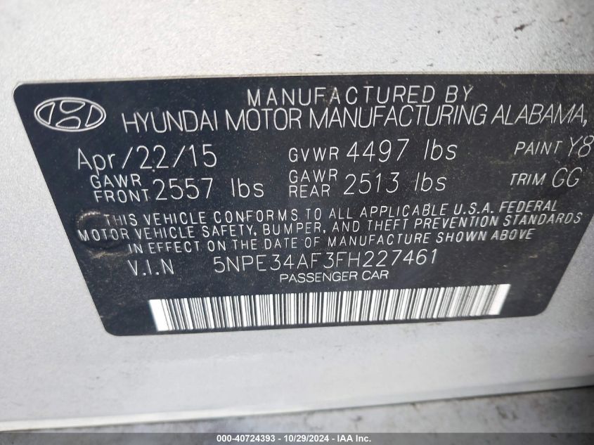 2015 Hyundai Sonata Limited VIN: 5NPE34AF3FH227461 Lot: 40724393